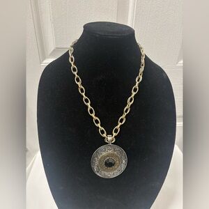 Vintage Karu Arke Medallion Pendant Necklace Silver Gold Black Glass 1970s